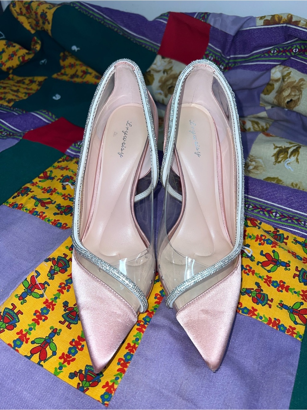Pink Pointed-Toe Satin Pumps with Clear Panels